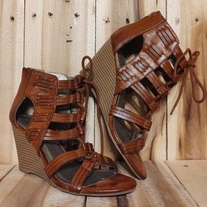 RAMPAGE Womens 8 M Brown Leather Heel Zip Wedge Sandals